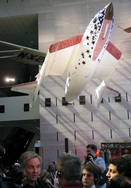 SpaceShipOne above Rutan and Allen