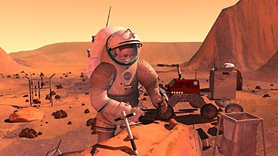 Human and robot on Mars